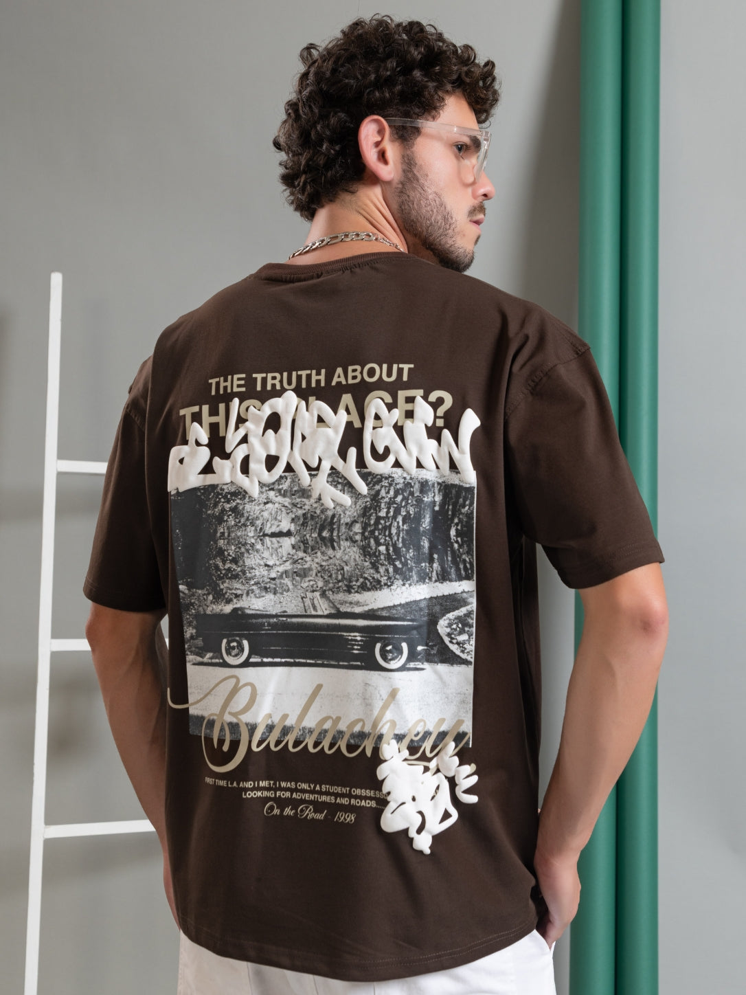 Vintage Route Puff Print Oversized Printed T-Shirt